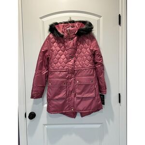 NWT London Fog Dusty Pink Quilted Faux Fur Puffer Coat Girl's Large